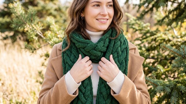 young woman wearing cozy green scarf and beige coat enjoying autumn outdoors in a natural setting