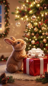 cute brown rabbit exploring red gift box under decorated christmas tree with lights and ornaments at home