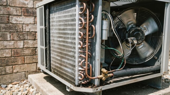 Air conditioning unit with open panel showing condenser coils and spinning fan