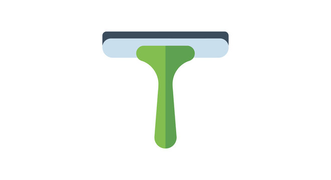 Flat vector illustration of a squeegee with a green handle and silver blade