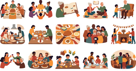 Fototapeta premium Set of diverse family scenes celebrating Thanksgiving dinner with food sharing and festive autumn holiday gatherings