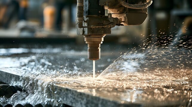 Water jet cutter cutting granite slab
