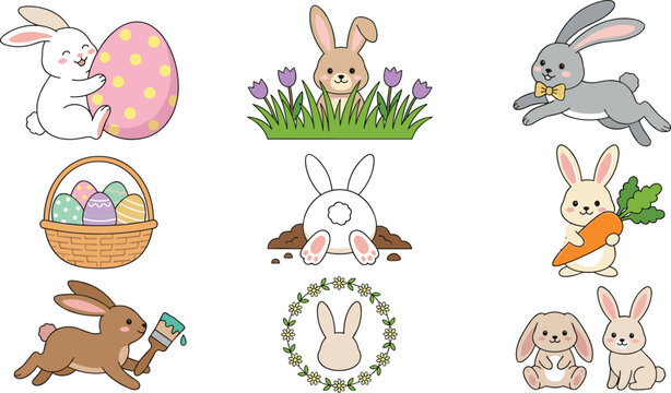 Playful Easter Rabbits and Spring Elements Cartoon Vector Set with Eggs, Carrots, and Flowers