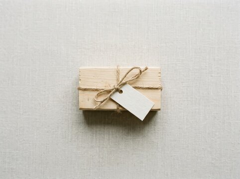 Minimalist wooden box with gift tag tied by twine
