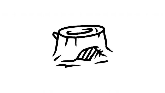 Animated doodle icon of a tree stump with a groundhog burrow entrance underneath.