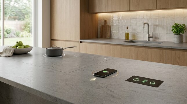 Modern induction cooktop with smart controls integrated into sleek kitchen countertop workspace