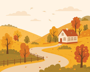 Fototapeta premium A scenic autumn landscape featuring a cozy cottage nestled in rolling hills with golden trees and a winding pathway
