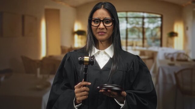 Young brunette woman judge in black robe holds gavel and sound block with hands in a building dining room, hesitating expression; duty seriousness.