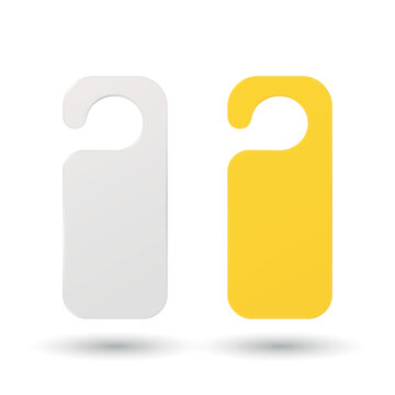 Door Hanger Tags, Vector Illustration. Blank Door Hanger Tag Set in White and Yellow. Hotel Door Hanger Signs for Do Not Disturb and Room Service. Hotel Room, Housekeeping, Privacy Signs