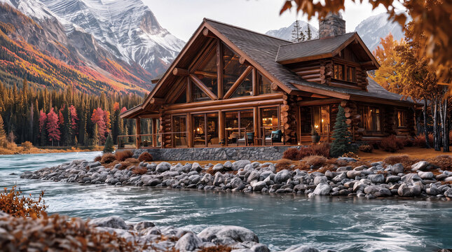 Super luxurious, upscale, modern, rich looking, elegant, high-end, log cabin next to a mountain river in the middle of mountains with mountains in the background and a forest across the river