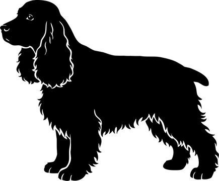 Cocker Spaniel dog minimalist silhouette, solid black long ears profile vector graphic asset for t-shirt and mug print