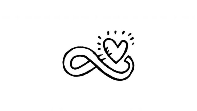 Animated doodle icon of an infinity sign connected with a heart for endless love and forever care.