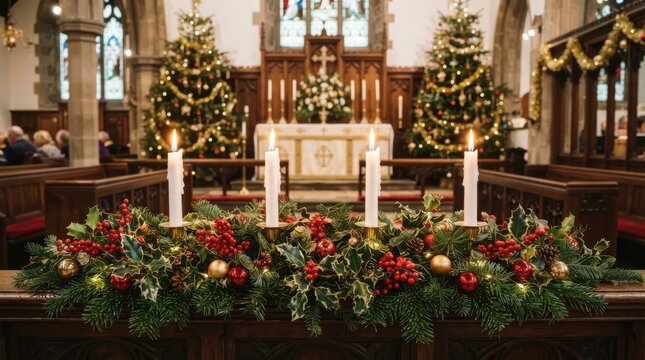 Advent candles and festive floral arrangement in church