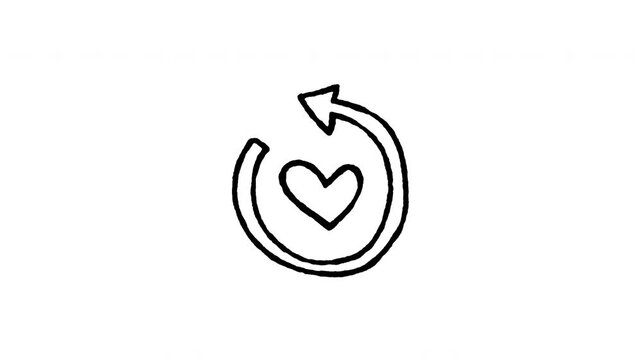 Animated doodle icon of a heart with a circular refresh arrow for health recovery and heart renewal.