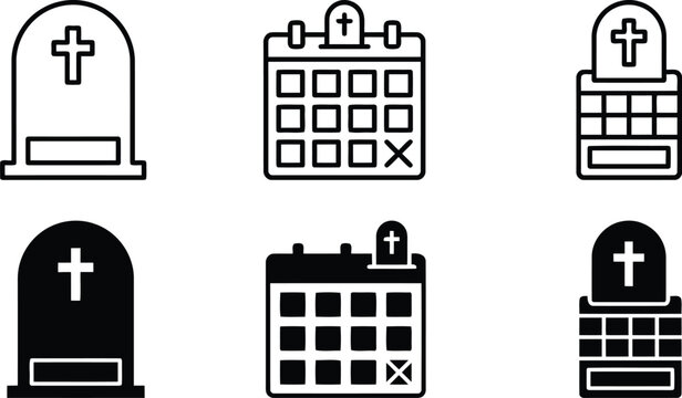 Set Of Black And White Headstone And Calendar Memorial Icons For Event Planning Services, Representing Death Anniversary Schedule Organization And Cemetery Planning Design Elements.