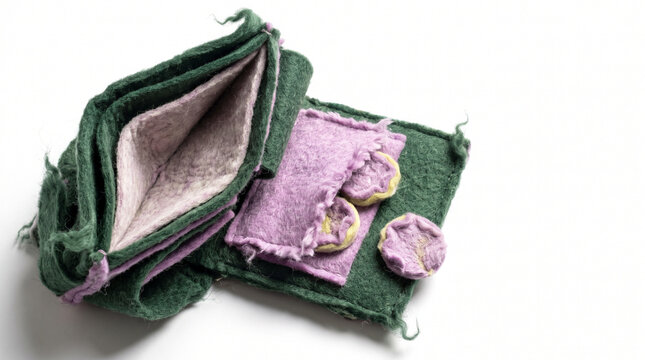 Empty wallet with coins and fabric pockets in green and purple  