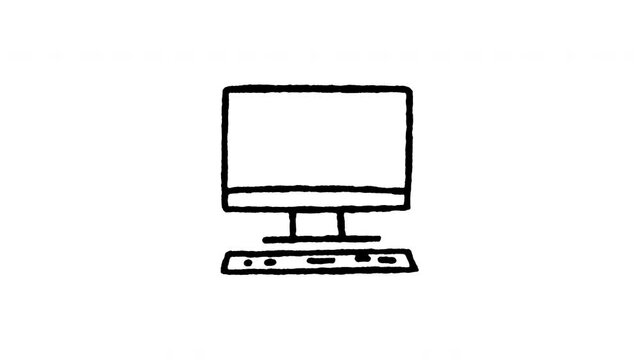 Animated doodle icon of a desktop computer display monitor with keyboard and mouse.