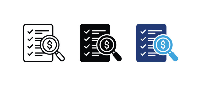 Financial audit aur budget review icon, expense inspection aur money checklist symbol, audit sign, finance graphic. Vector illustration.   
