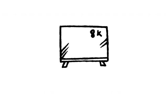 Animated doodle icon of a flat smart television screen playing 4K 8K high definition video.