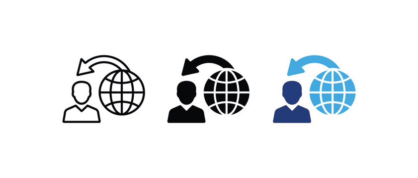 Global user transfer aur international profile icon, worldwide connectivity aur data migration symbol, user sign, global graphic. Vector illustration.   