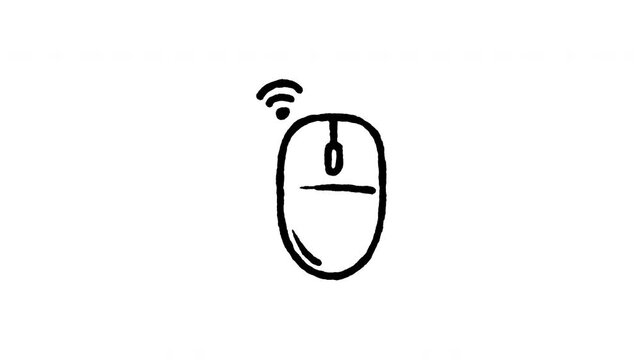 Animated doodle icon of a wireless optical computer mouse with click waves.