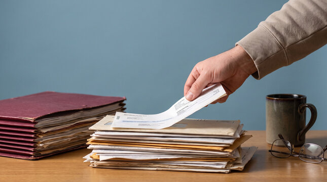 Person sorting bills on a cluttered table next to a coffee mug  