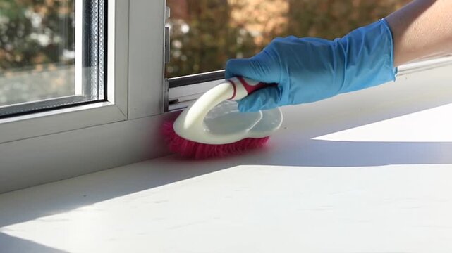 Gloved hand holding pink scrubbing brush over window sill with detergent spray and supplies