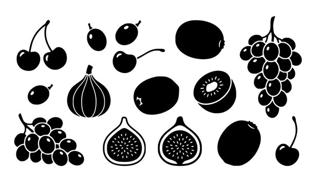 Organic black silhouette vector collection of grapes figs kiwi and cherry fruit icons