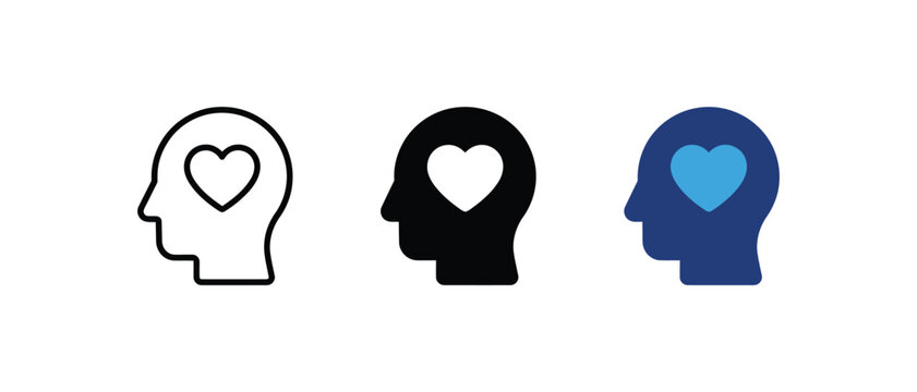 Mental health care human head heart emotion icon set. Vector illustration