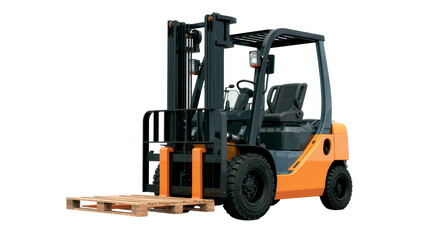 Orange and grey forklift truck with wooden pallet, isolated on transparent background © popng