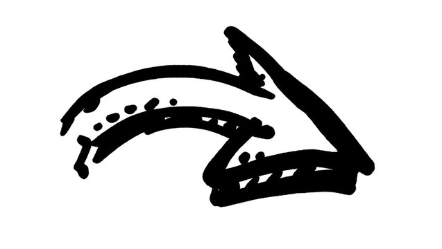 Hand drawn black arrow pointing down and to the right, isolated on transparent background