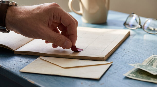 Hand placing seal on open calendar with envelope and cash nearby  