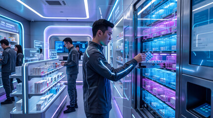 Fototapeta premium Pharmacist retrieving medicine from automated futuristic pharmacy