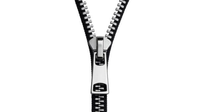 Shiny metal zipper pull with black fabric teeth, isolated on transparent background