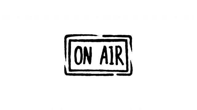 Animated doodle icon of a glowing ON AIR box sign for studio broadcasting and live streaming.