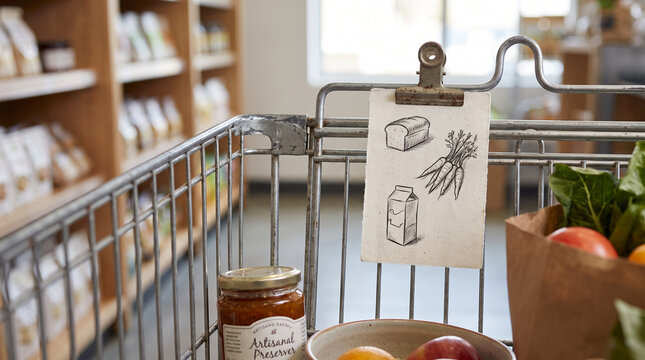 Grocery cart with shopping list, fresh produce, and jars in store  