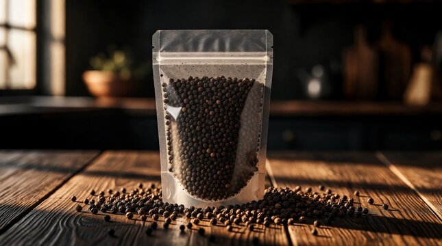 Black pepper seeds in clear plastic pouch on rustic wooden table. Aromatic spice grains scattered around transparent zip lock bag. Culinary seasoning ingredient for cooking food in dark kitchen
