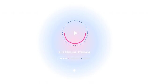 Minimalist and smooth cinematic video player loading UI overlay featuring clean pink and blue orbital rings and a glowing progress bar. Designed for transparent alpha channel rendering with perfect se