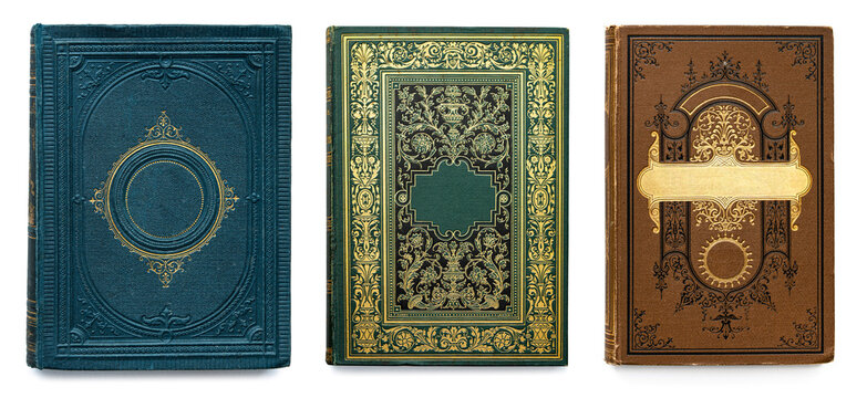 Old skin book covers isolate on white background. Set collection old book covers. Abstract vintage decorations 19th century. Antique hardcover book with an ornate decorative binding made of cloth 