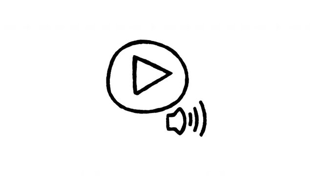Animated doodle icon of a video play button inside a circle with sound waves for media player.