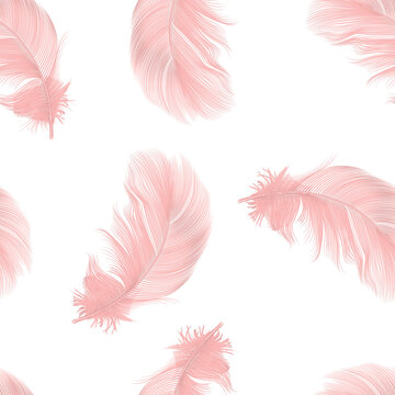 Pink Feather Seamless Pattern, Vector Illustration. Soft Pink Feather Pattern with Delicate Floating Feathers. Romantic Pink Feather Seamless Pattern for Fabric, Wallpaper, Textile, Wrapping Paper
