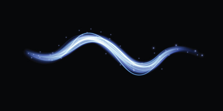 Blue glowing energy wave with sparkling light trails and magic particles, abstract motion effect for futuristic design