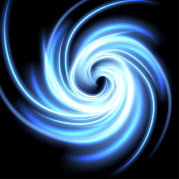 Blue wind waves effect. Abstract light motion trails with sparkles isolated on black background. Light blue Twirl. Curve light effect of blue line. Luminous blue circle.	
