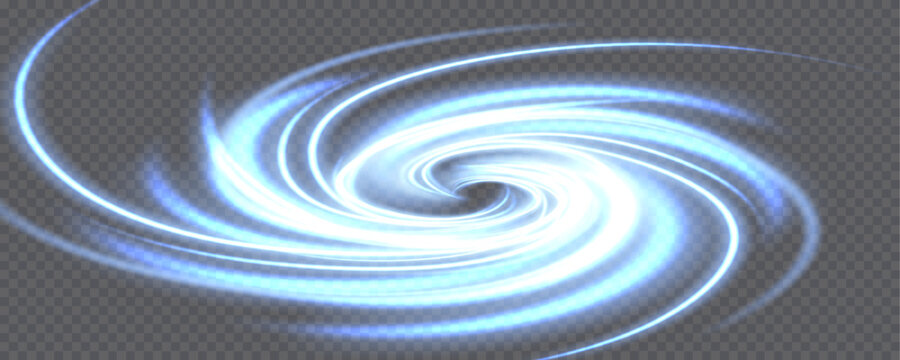 Blue wind waves effect. Abstract light motion trails with sparkles isolated on black background. Light blue Twirl. Curve light effect of blue line. Luminous blue circle.	
