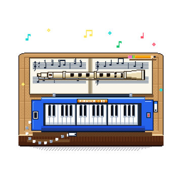 Blue Melodica Pianica and Recorder Flute on Table 16-Bit Retro Pixel Art Loop