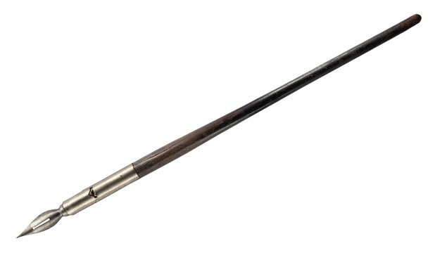 Old dip pen with a wooden handle and metal pointed nib, isolated on a white background. Traditional writing instrument suitable for calligraphy, handwriting and historical stationery themes.