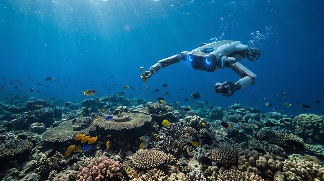 Underwater robot exploring a vibrant coral reef ecosystem