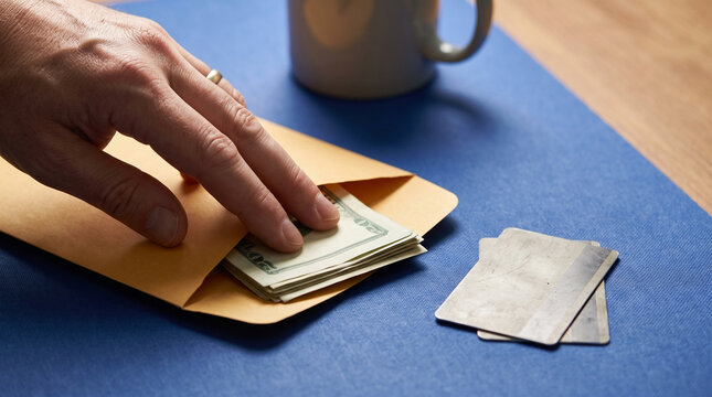 Hand placing cash into an envelope on a blue surface with cards  