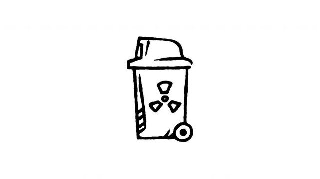 Animated doodle icon of a hazardous biohazard waste bin with warning skull symbol.