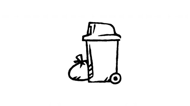 Animated doodle icon of an outdoor wheelie trash bin with full garbage bag beside it.